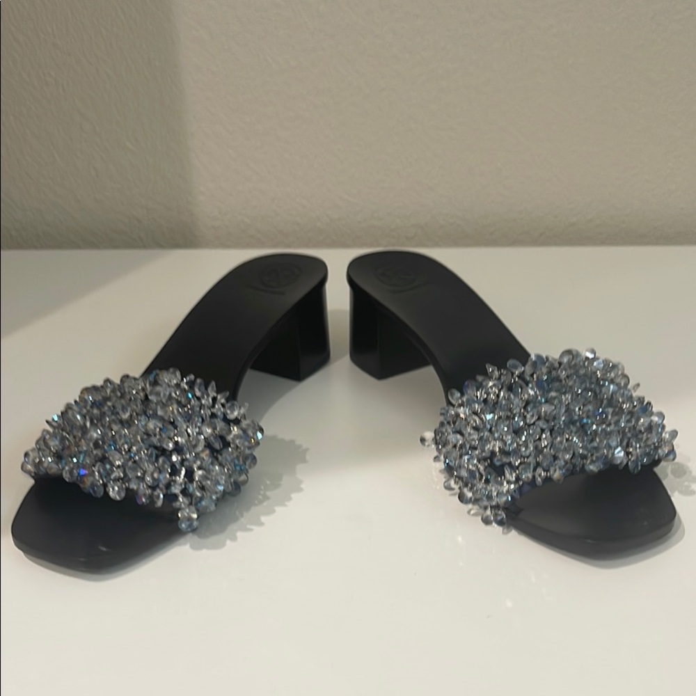 Tory Burch Black Beaded Crystal Slide Mules